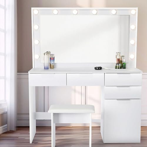 Oyajia Schminktisch Kosmetiktisch mit Spiegel und Hocker, Kosmetikspiegel und 5 Schubladen und 3 offene Ablagen, LED Beleuchtung, Make-up Tisch 140cm Frisierkommode,Schlafzimmermöbel Vanity Set