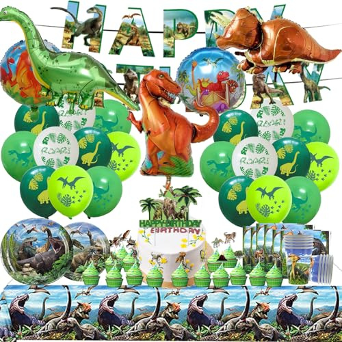 93 Stück Dinosaurier Partygeschirr Set,Dino Party Deko Geburtstag,Dinosaurier Geburtstagsdeko,Servietten,Tischdecke,Pappteller,Geburtstag Deko