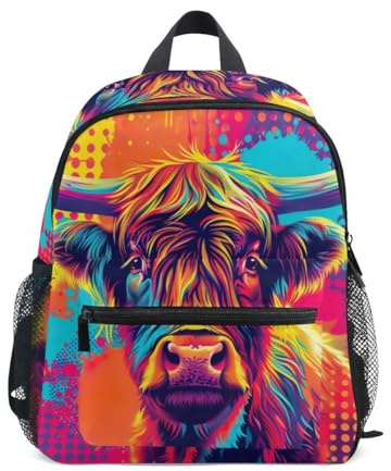 RPLIFE Pop Art Highland Cow Rucksack für Kleinkind Mädchen Jungen Mini mit Namensschild Kinder Rucksäcke 3-8 Jahre, Pop Art Highland Cow, Medium, Niedliche Rucksäcke
