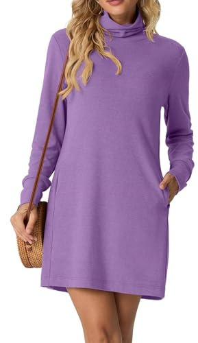 GRECERELLE Robe pull pour femme, hiver, automne, manches longues, col roulé, mini robe en tricot avec poches, basique élégant pour le quotidien | Longueur genou, Violet, L