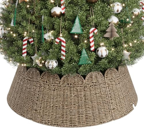 ELYKEN Rattan-Weihnachtsbaum-Halsband, 83 cm, Korbgeflecht, Weihnachtsbaumkragen mit gewelltem Rand für künstliche Bäume, Baumbodenabdeckung mit Kordelausschnitt, rustikaler Baumring, gewebter