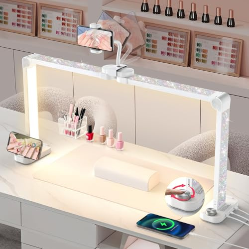 Adonafy Desktop Halbmondlampe für Nägel mit Handyhalter: 34 LED Halbmond Wimpern Lampe für Nageltechniker - 3 Farbmodi Und 10 Helligkeitsstufen Bogen Tischlampe für Maniküre(Weiß mit Diamant)