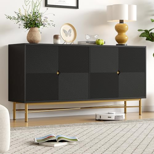 FammyLoft Sideboard Wohnzimmer mit 4 Erhabener Textur Türen, 160×40×82cm, Buffetschrank mit Goldene Gebürstete Griffe und Hochglanz Tischbeine, Modern Wohnzimmerschrank für Esszimmer & Flur, Schwarz