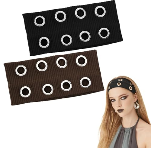 ELNX Hohlösen Elastisches Stirnband | Breites Punk-Grunge-Haarband | Elastisches Stirnband für Damen | Y2K Modeaccessoire für Yoga, Laufen, Arbeit, Halloween (Schwarz, Braun)