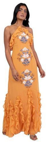 Women's Maxi Dress Ladies Halterneck Sleeveless Floral Sequin Embellished Waterfall Ruffle Wedding Guest Occasion Prom