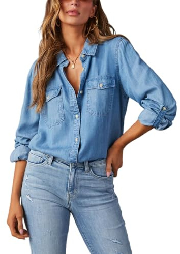 Femme Chemise en Jean à Manches Longue Chemiser Boutonnée en Denim avec Poches Veste Légère Chic et Élégant (Bleu Foncé, M)