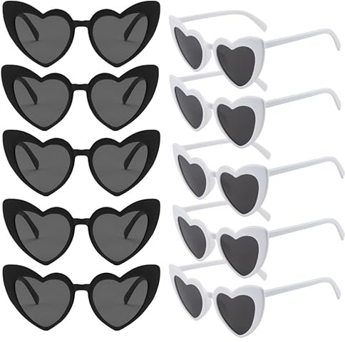 Doukesh 10 Stück Herz Sonnenbrille Damen UV400 Herzchen Brille Herzbrille Schwarz Weiß Partybrille für Partys und Hochzeiten Karneval Fasching