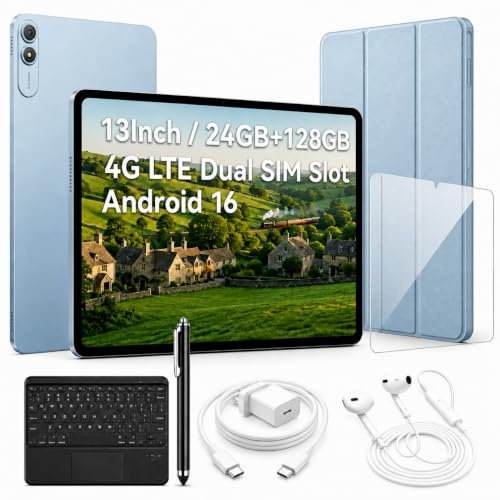 Tablets 13 Inch, 4G LTE, Android 16 Tablet with Keyboard, 24GB+128GB, Blue