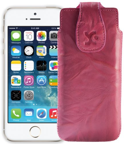Suncase Original Echtleder Taschekompatibel mit Apple iPhone SE/iPhone 5S | Leder Etui Handytasche Ledertasche Schutzhülle Case Hülle in wash-pink