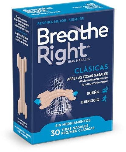Breathe Right Clásicas Tiras Nasales para Dormir, 30x Nasal Strips Peq/Med | Abren las fosas nasales y alivian la congestión nasal al instante, sin medicamentos; reducen los ronquidos por congestión.