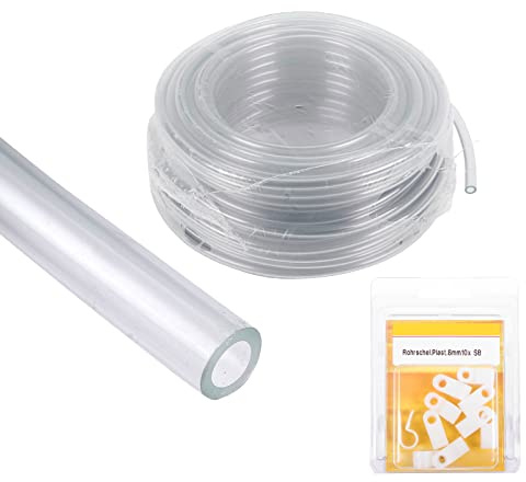 Wasserschlauch Set, 10 Meter Wasserleitung transparent klar 8 mm + 10 Schlauchschellen, zur Wasserinstallation, Wohnwagen & Wohnmobil