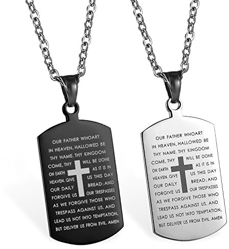 JewelryWe Herren Halskette Kreuz Erkennungsmarke: 2pcs Edelstahl Englisch Bibel Herr Gebet Kruzifix Kreuz Vaterunser Dog Tag Hundemarke Anhänger mit 55cm Kette Schwarz Silber, kostenlos Gravur