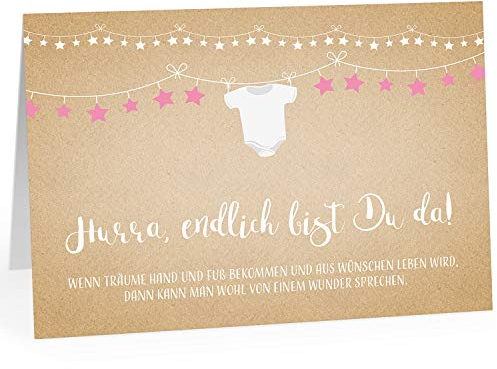 Große Design Glückwunschkarte XXL (A4) Geburt, Motiv: Endlich bist Du da - Rosa Mädchen Karton Look mit Umschlag Edle Klappkarte Glückwunsch Maxi Grußkarte/Gratulation Eltern