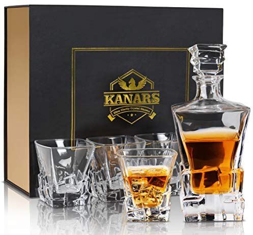 KANARS Verres et Carafe à Whisky, Décanter Cristal, 800 ml Bouteille avec 4x 300 ml Verre à Whiskey, Cadeau pour Grand-Père Papa Ami Mari, Belle Boîte Cadea, Lot de 5 Pièces