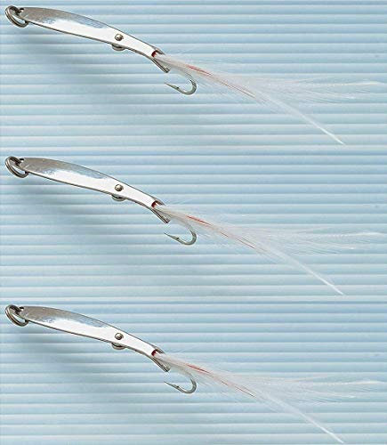 Generico Unghiettine Artificiali da Pesca Piumetta per Spigola, Occhiata, Sugarello e Palamite - Kit da 3 Pezzi, Metallo Lucido, Piume Bianche e Rosse, Amo Rinforzato