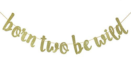 BannerBorn Two Be Wild, Glitzer-Banner, 2 Jahre altes Banner, 2. Geburtstag, Party-Dekoration (Gold)