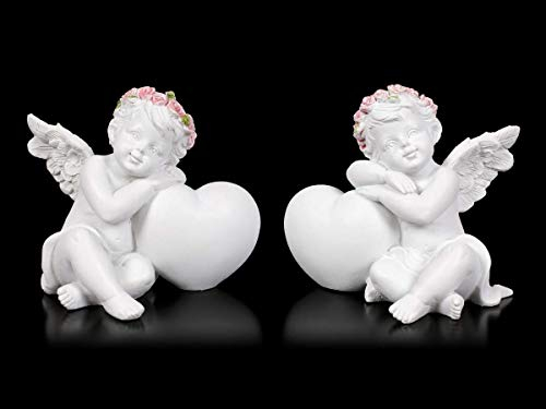 Engel Fantasy Figuren - Putten mit Herz - 2er Set | Elfe, Fee, Skulptur, Statue, Schutz-Engel, H 7+7,5 cm