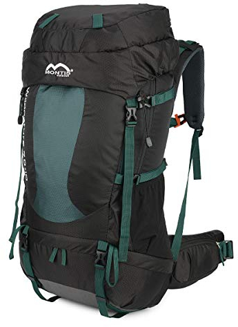 MONTIS WILDNATURE 70+10, Trekking-/Wanderrucksack, Regenschutz, genug Platz für Camping Ausflüge, geeignet als Backpacker, Touren- & Reiserucksack mit Audio- & Trinkvorbereitung (70+10L - Tannengrün)