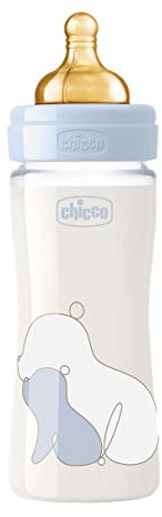 Chicco Original Touch Biberon, Vetro, Bimbo, Flusso Lento, Azzurro, 240 ml