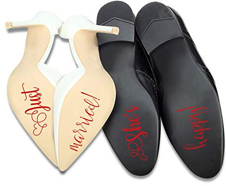 Aufkleber Set für Hochzeitsschuhe Schuhsticker Hochzeit Trauung Schuhe Heiraten Sticker Folie Selbstklebend Sprüche Symbole (Rot Glanz, K123 Just married)