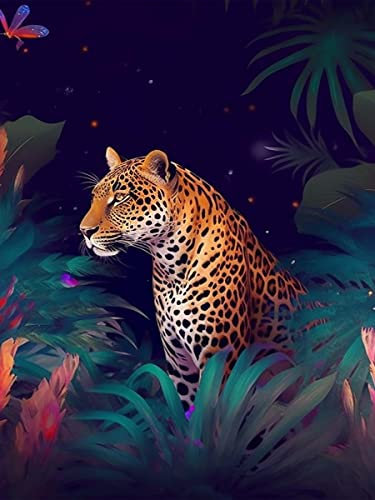 Ginfonr 5D Diamond Painting Diamante Pintura Leopardo Flor Kits, Punto De Cruz Diamante Pintura Animal Mariposa De Taladro Completo Con Decoración De Pared De Diamantes Art 30 * 40 cm