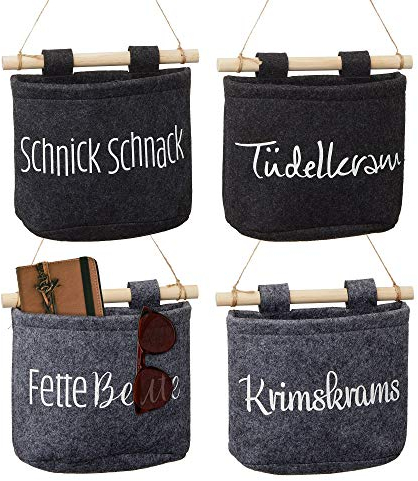 Aufbewahrungstasche 4er Set aus Filz│Hängekorb grau, anthrazit │Krimskrams, Fette Beute, Tüdelkram, Schnick Schnack