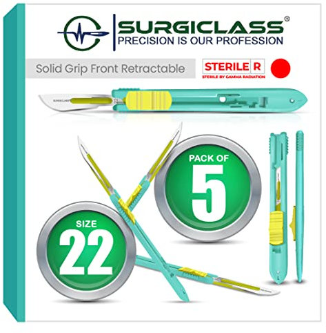 Surgical Scalpel Surgical Blades # 22 Surgical Steel Sterile ● Pack of 5 ● Retractable ● Perfect for Wood Art, Surgical, Sculpting, Repairs, Lab Anatomy, Sign, Card Making Lab Training SURGIFRONT22-5