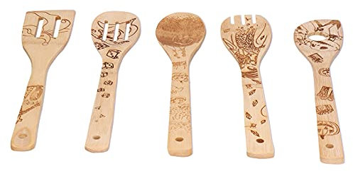 Juego de cucharas para utensilios de cocina, graffiti personalizado, resistente y resistente, juego de utensilios de cocina de bambú, respetuoso con el medio ambiente, seguro para
