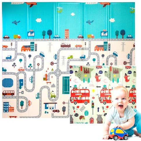 Edibaby, Alfombra Bebe Acolchada Plegable, 200 x 180 cm, 1.5cm, Tapete Bebe, Habitación, Colchoneta Suelo, Infantil, Actividades, Dormitorio, de Juegos (London Edition)