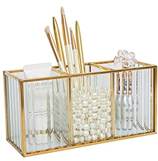HARLIANGXY Soporte para pinceles de maquillaje, organizador de cosméticos, caja de almacenamiento, caja de almacenamiento de cosméticos, dorado, cristal vertical, 18 x 7 x 9 cm