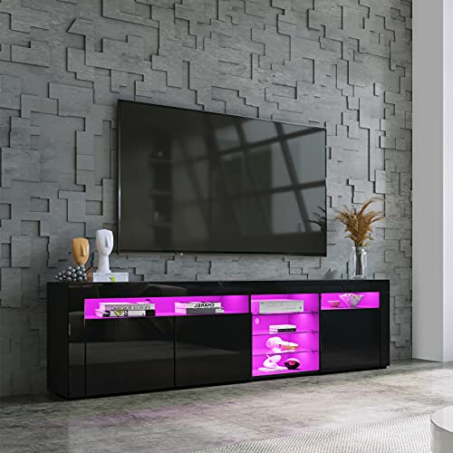 TV Stand Cabinet, High Gloss TV Unit with LED Lights 180CM, Black Gloss TV Stand Unit, LED TV Cabinet for Living Room, 3 Doors and 7 Open Shelves, Home Furniture