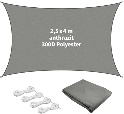 TTL Garden 2,5x4m Anthrazit Sonnensegel rechteckig - Premium Polyester 300D 160g/m² mit Seil 4X 1,5m - wasserdicht reißfest & robust - Sonnenschutz & Wetterschutz für Garten, Balkon & Terrasse
