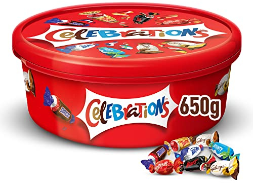 Celebrations XXL Geschenkbox, Mini-Schokoriegel Mix Snickers, Twix und mehr, Großpackung Schokolade, 1 x 650g Dose
