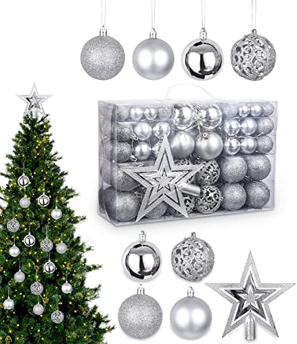 NEFLSI 101pcs Weihnachtskugeln Weihnachtsdeko Set-3 cm/4 cm/6 cm,Weihnachtsbaumschmuck,Weihnachtsbaumkugeln mit Baumspitze,Christbaumschmuck Hängedekorationen,(Matt,Glänzend) Silber