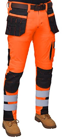 HASHOOB TRADING FZE Men’s Hi Vis Trousers high Visibility Cargo Workwear Soft Heavy Duty Multi Pocket Easy Care Pants Reflective Tape Work Trousers (ORANGE1, 30W X 32L)
