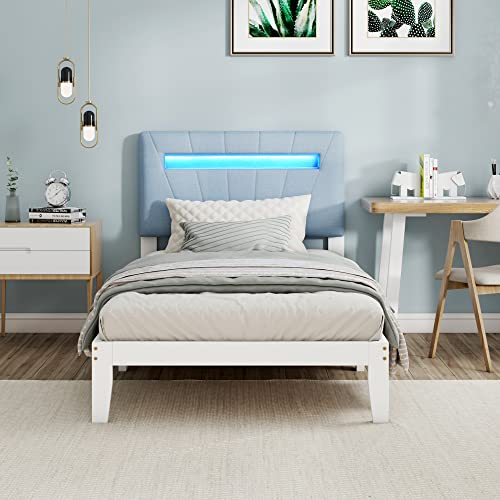 Holzbett, Einzelbett, Polster Kopfteil mit LED-Lichtleiste in 7 Farben, Jugendbett, Erwachsenenbett, Rahmen aus Kiefer