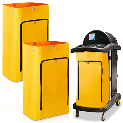 Cleaning Cart Bag Zippered Front Replacement Janitorial Cart Bag 24 Gallon Large Capacity Commercial Cleaning Bags for Cleaning Cart Housekeeping Carts, Yellow (2 Pack, 26.5 x 15.5 x 10.5 Inch)