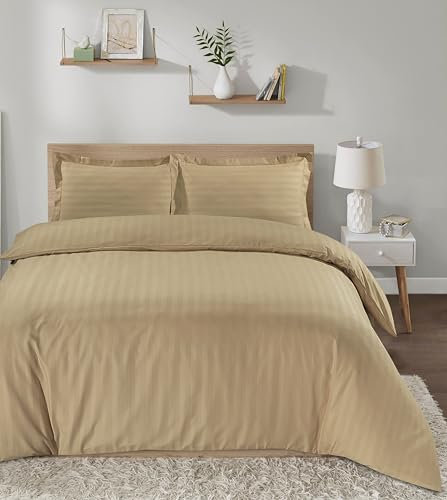 Casabella Set copripiumino a righe in raso, lussuoso set di biancheria da letto matrimoniale beige con strisce di raso, set copripiumino matrimoniale di qualità alberghiera e federe, copripiumino