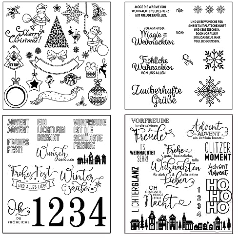 4 Blätter Clear Stamp Weihnachten, Silikonstempel Weihnachten Deutsch, Frohe Weihnachten Stempel, Silikonstempel Winter Clear Stempel Set für DIY Bullet Journal Scrapbooking Fotoalbum Stempelset