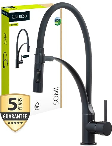 'aquaSu® Küchenarmatur mit Federbrause Somi, Kosten-sparende Kaltwassermittelstellung, Wasserspar-Kartusche, Keramikkartusche, Schaftbefestigung, Messingkern, schwarz, 798990