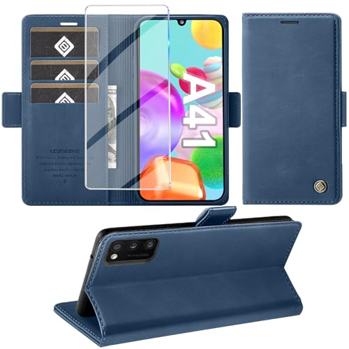 Giyer Handyhülle für Samsung Galaxy A41 Hülle mit Displayschutzfolie, Schutzhülle Galaxy A41 PU Leder Wallet Flip Case Standfunktion Kartenfach Klapphülle für Samsung A41 Tache Cover (Blau)