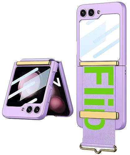 Jeelar ESONG Handyhülle für Samsung Galaxy Z Flip5 mit Leder-Armbandhalter,Ultradünne Handschlaufe Hart Schutzhülle mit Ständer,PC Kratzfest Stoßfest Case mit Displayschutzfolie/Scharnierschutz-Lila