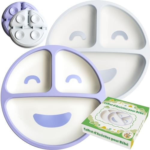 La magie des kids – Assiettes Bébé Silicone à Ventouse Ultra-Fix (4 ventouses) | Lot de 2, 3 Compartiments — Passe Micro-ondes, Four 220 °C, Congélateur -40 °C (Bleu clair et Bleu foncé)