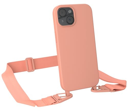 EAZY CASE - Hülle mit Band kompatibel mit iPhone 15 Handyhülle mit Umhängeband Silikonhülle Schwarz Handykette zum Umhängen Handykordel Schutzhülle für Smartphone in Korall - Clips Korall