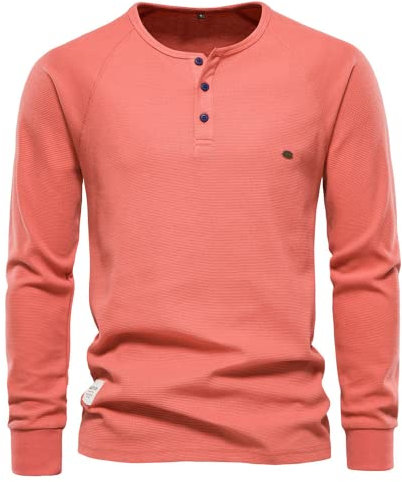 Mens Long Sleeve T Shirt Henley Waffle Tops for Men Mens Henley Shirt Casual Tops Men's Long Sleeve Top Henley Waffle T-Shirt Cotton Button Shirt Crew Neck Round Neck Casual Slim Fit Basic Tee