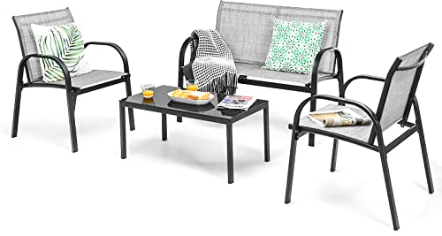 KOMFOTTEU Ensemble de Salon de Jardin 4 Pièces pour 4 Personnes, Mobilier d’Extérieur avec 2 Chaises, 1 Canapé et 1 Table Basse, Meubles de Terrasse pour Cour, Patio, Balcon (Gris)