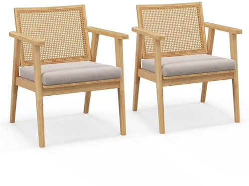 COSTWAY 2er Set Esszimmerstühle Akzentstühle, Loungesessel mit Atmungsaktivem Rattan-Rücken & Abnehmbarem Sitzkissen, Rattanstühle mit Gummiholzrahmen für Wohnzimmer Esszimmer