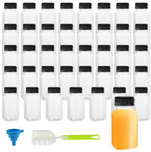 FUNSUEI 40 PCS 5oz/150ml Plastic Juice Shot Bottles with Tamper Seal Lids, 9.32x4.65cm, Small Bottles for Milk, Juice, and Other Beverages