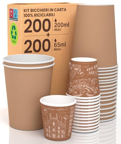 Kit 200 Bicchieri in Carta Avana 200ml da Asporto Bevande Calde e Fredde + 200 Bicchierini in Carta Fantasia Italy Brown 65ml per Caffè Eco Mix 2 Ecologici Biodegradabili Monouso