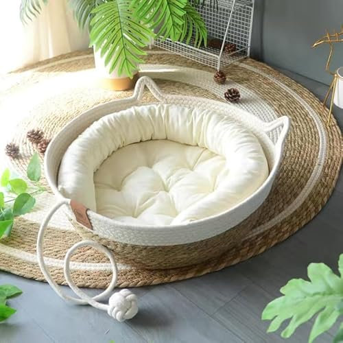 Rukuapid Niche en rotin pour chat - Lit rond pour animal de compagnie - Panier en rotin fait main et coussin 100 % coton - 40 x 40 x 10 cm - Marron et blanc (coussin en coton + oreiller)